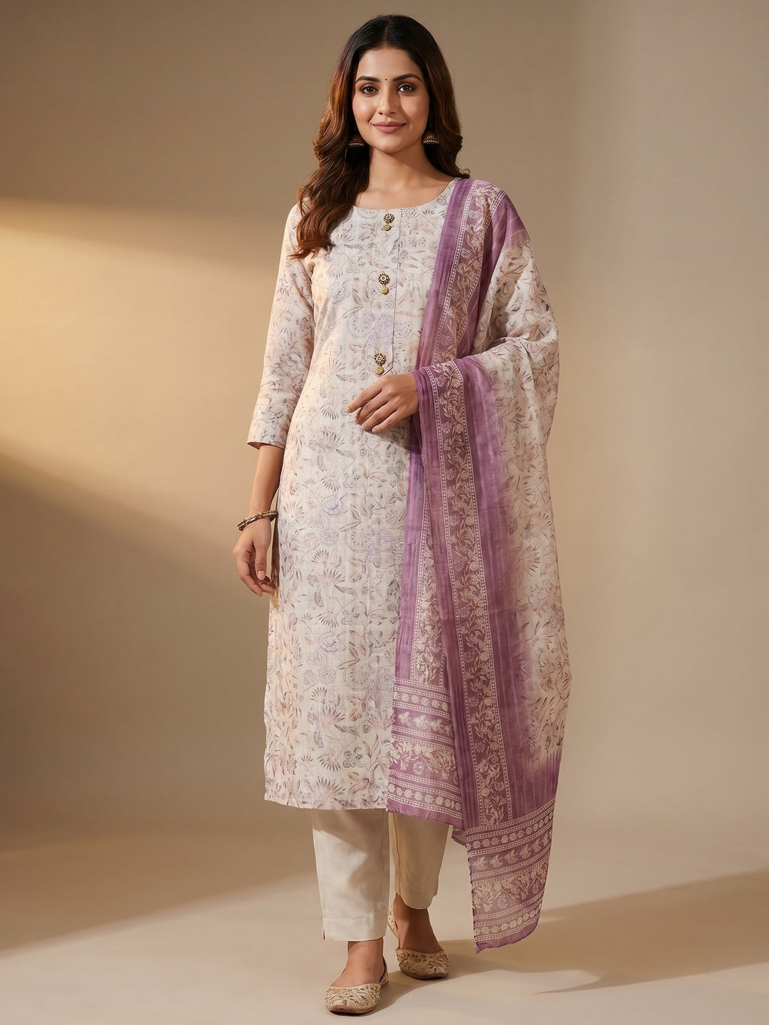 Cream Floral Printed Linen Dress Material - Image 1