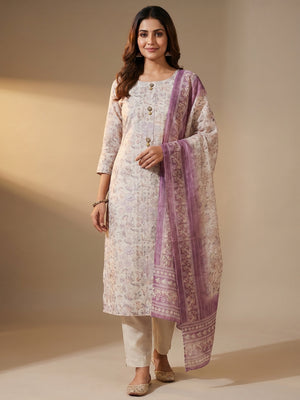 Cream Floral Printed Linen Dress Material - Image 1