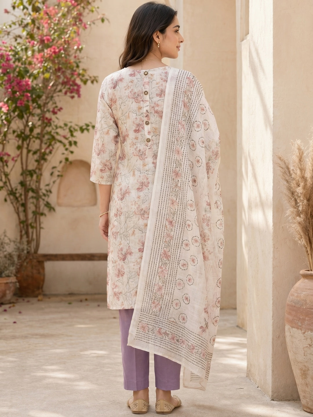 Cream Floral Printed Linen Dress Material - Image 2