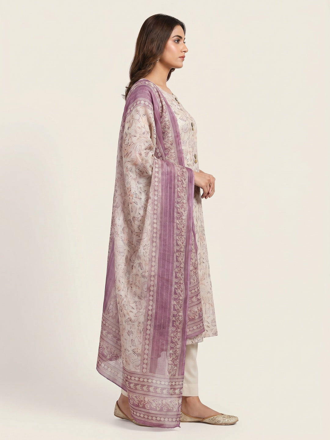 Cream Floral Printed Linen Dress Material - Image 2