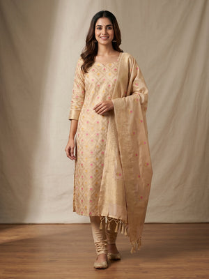 Chikoo Woven Chanderi Dress Material - Image 1