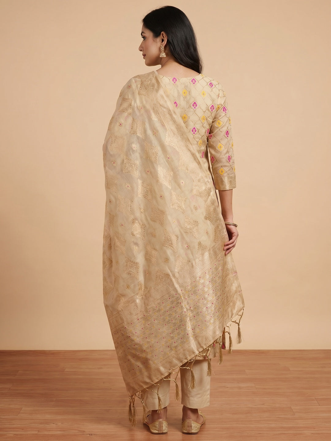 Chikoo Woven Chanderi Dress Material - Image 3