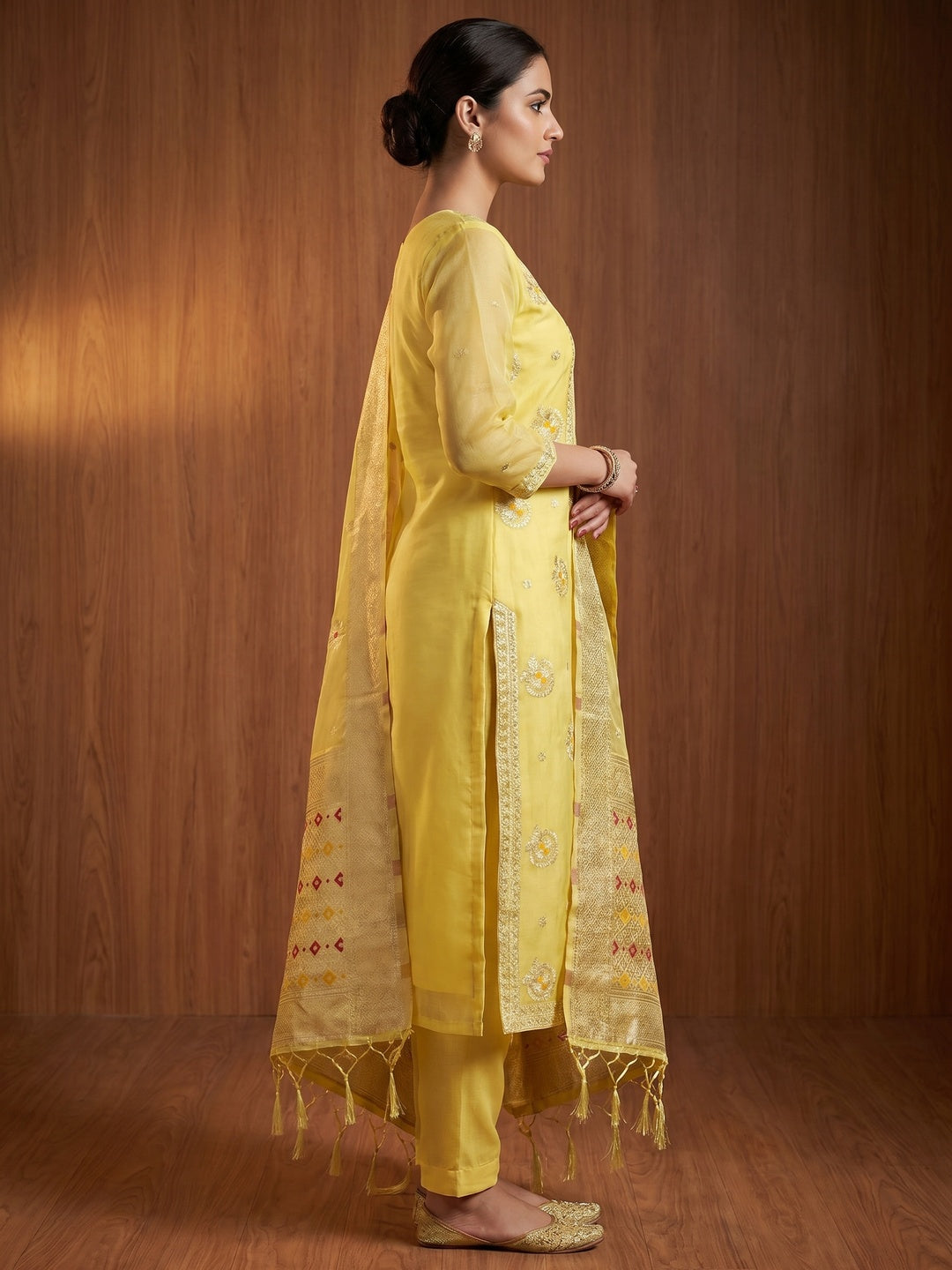 Yellow Floral Woven Organza Dress Material - Image 3
