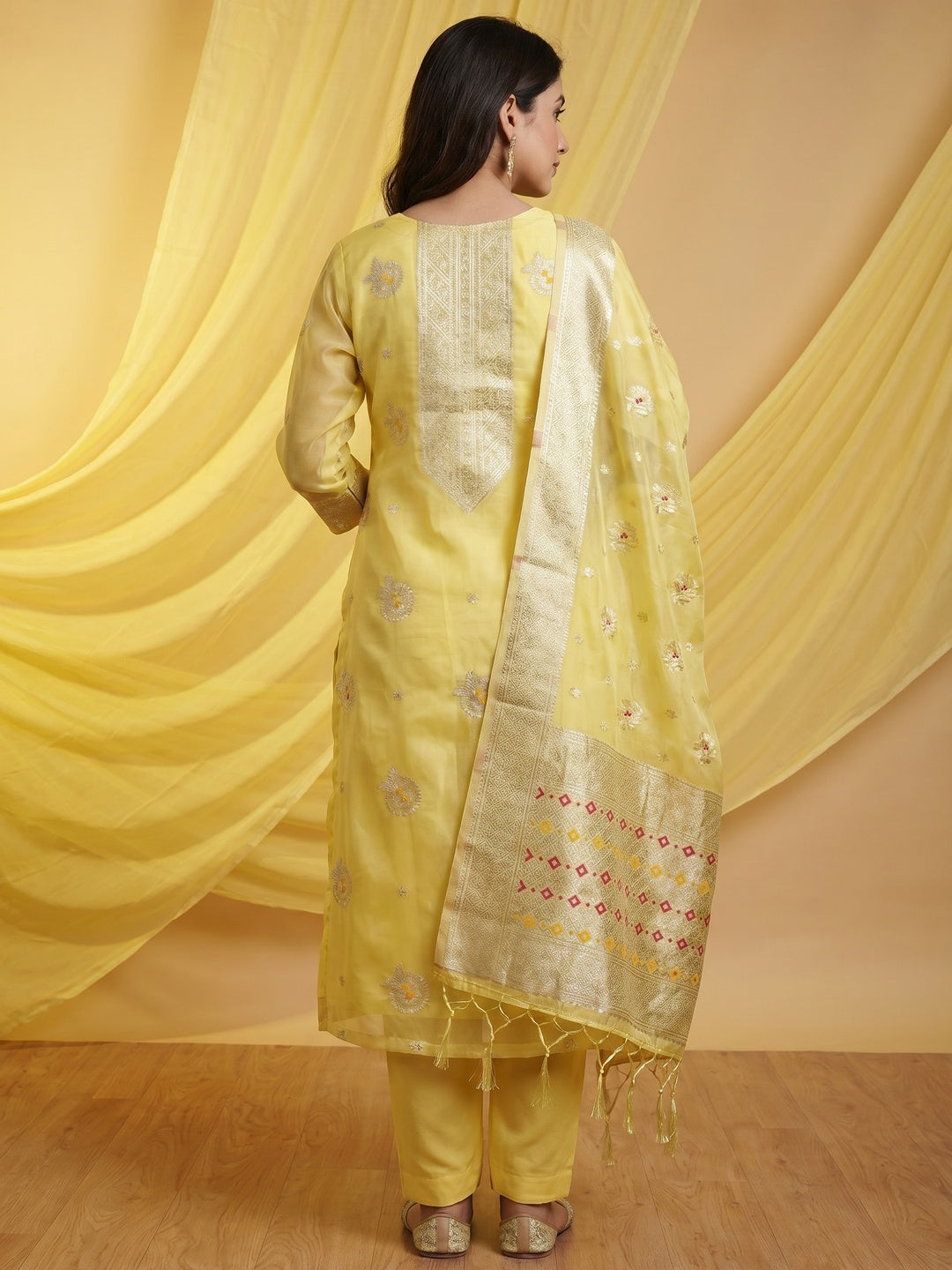 Yellow Floral Woven Organza Dress Material - Image 2