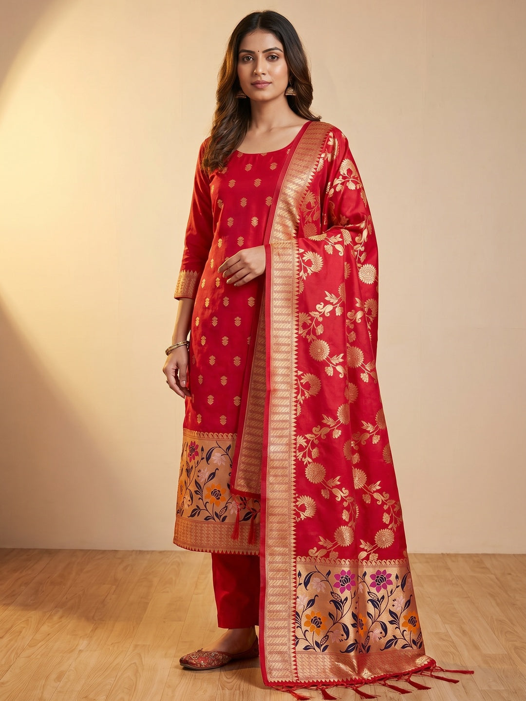 Red Floral Woven Banarasi Silk Dress Material - Image 1