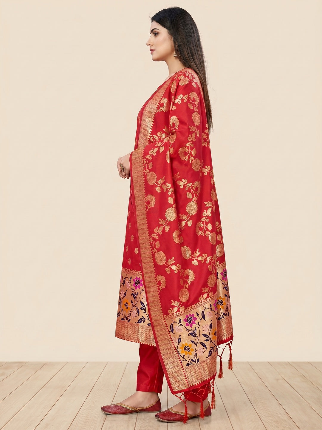 Red Floral Woven Banarasi Silk Dress Material - Image 2