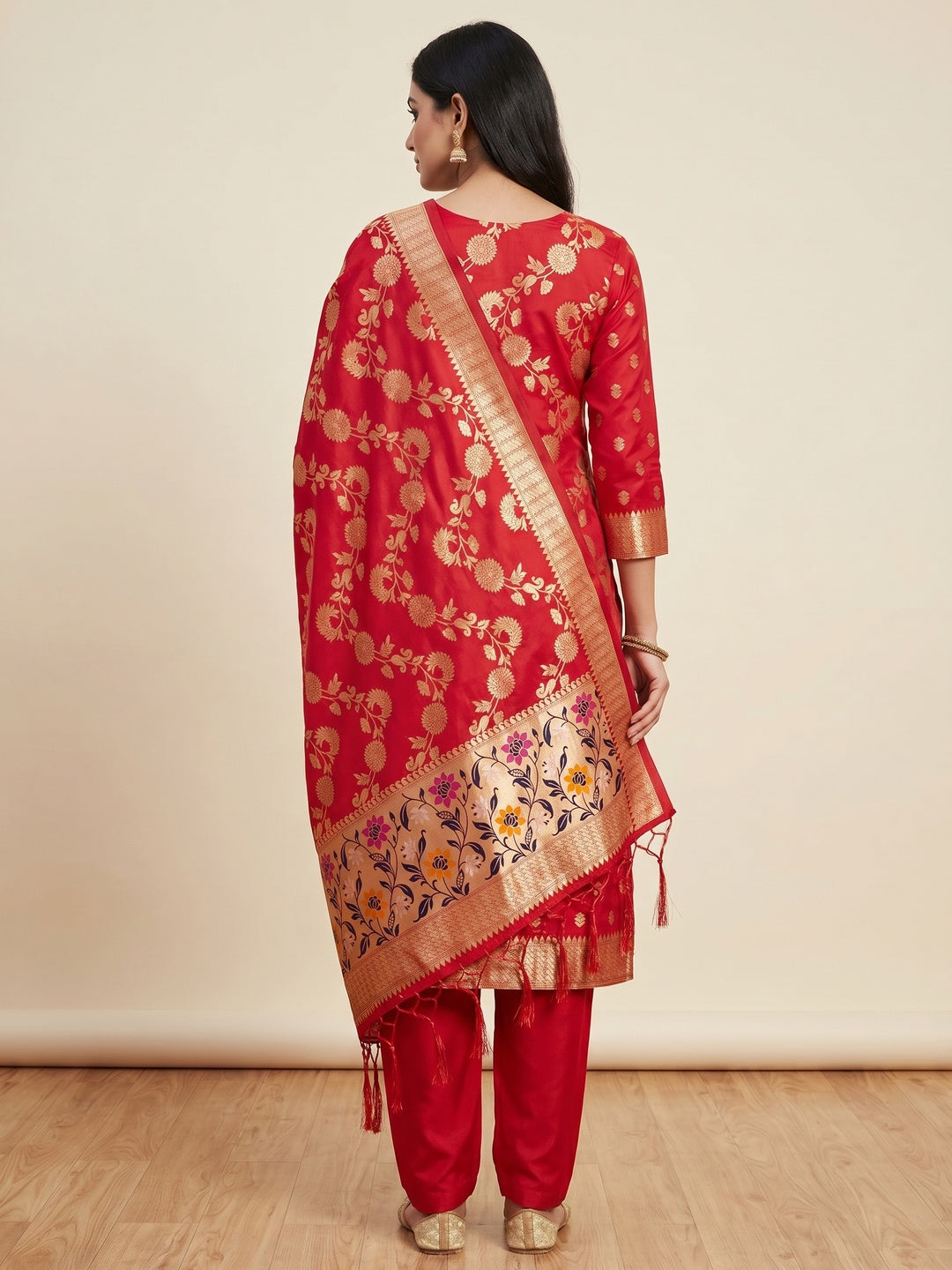 Red Floral Woven Banarasi Silk Dress Material - Image 3