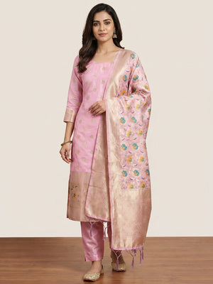 Baby Pink Floral Woven Banarasi Silk Dress Material - Image 1