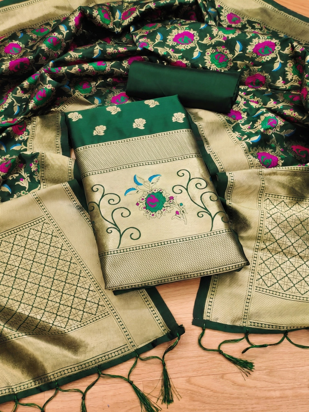 Bottle Green Floral Woven Banarasi Silk Dress Material - Image 1