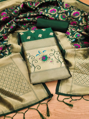 Bottle Green Floral Woven Banarasi Silk Dress Material - Image 1