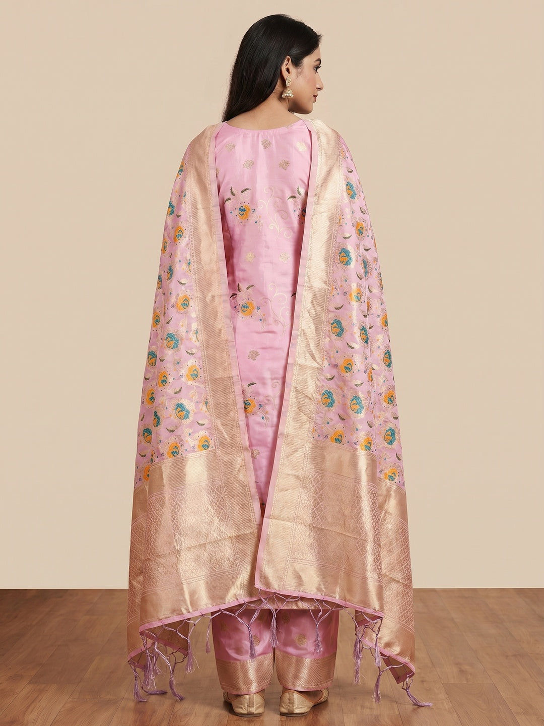Baby Pink Floral Woven Banarasi Silk Dress Material - Image 2