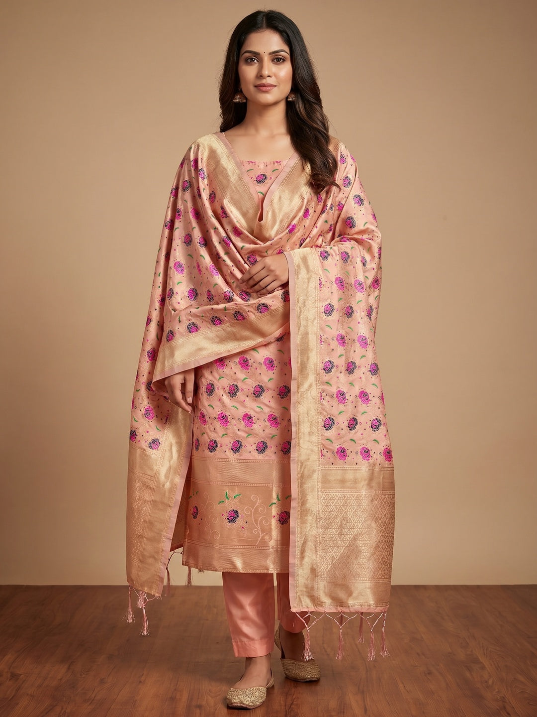 Peach Floral Woven Banarasi Silk Dress Material - Image 1