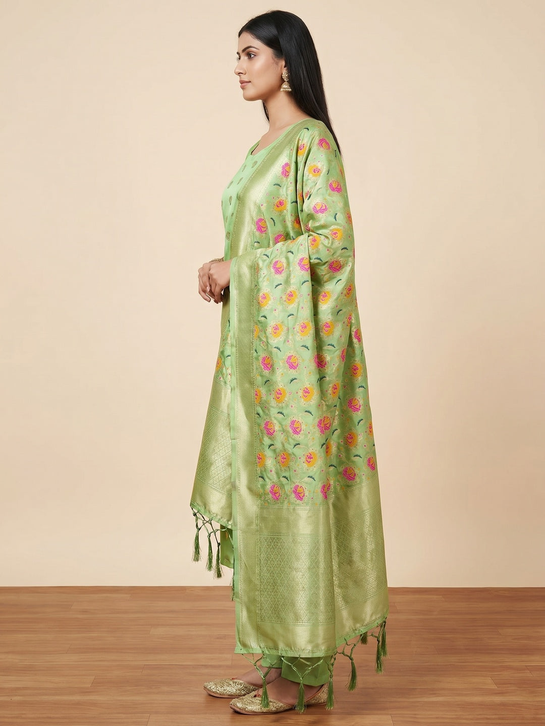 Pista Green Floral Woven Banarasi Silk Dress Material - Image 3