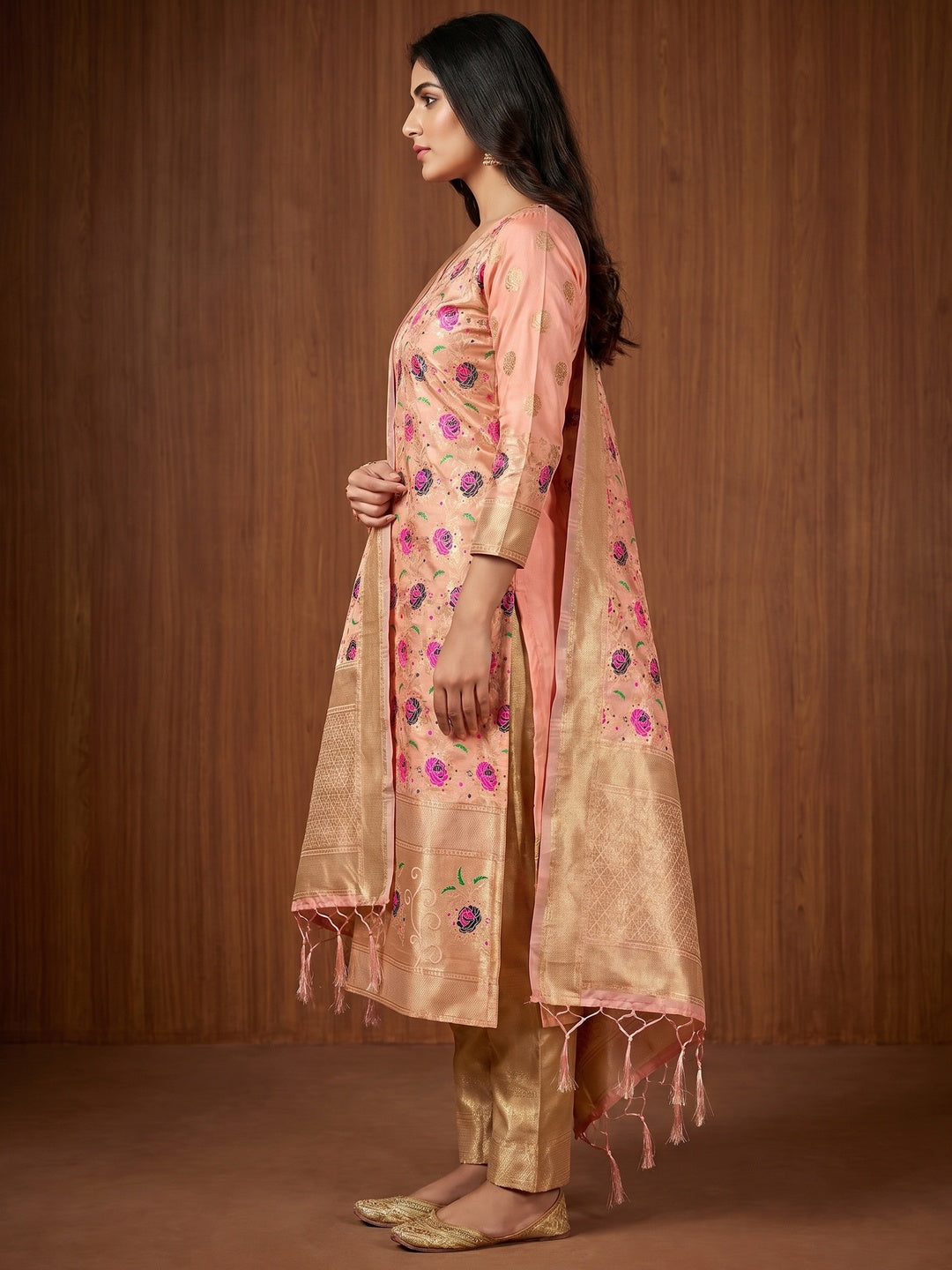 Peach Floral Woven Banarasi Silk Dress Material - Image 3