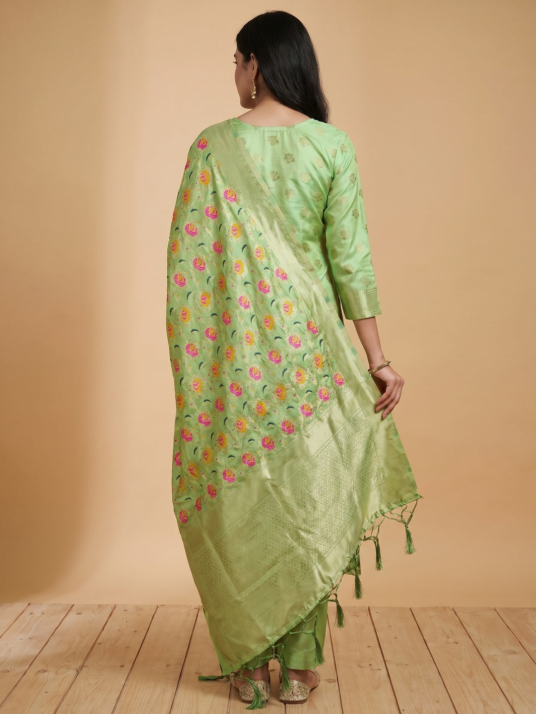 Pista Green Floral Woven Banarasi Silk Dress Material - Image 2