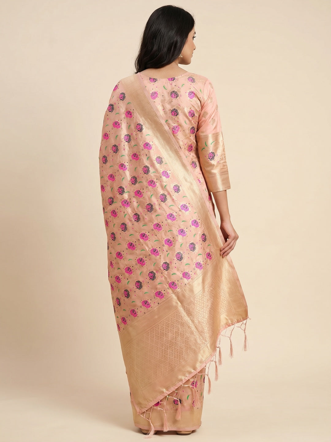 Peach Floral Woven Banarasi Silk Dress Material - Image 2