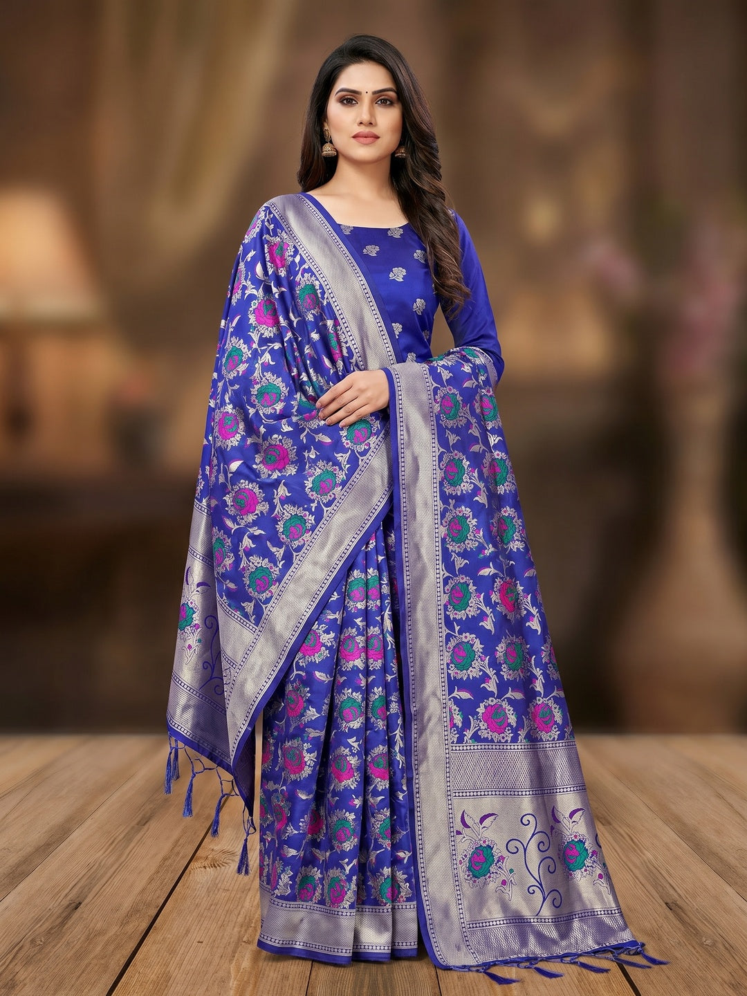 Royal Blue Floral Woven Banarasi Silk Dress Material - Image 1