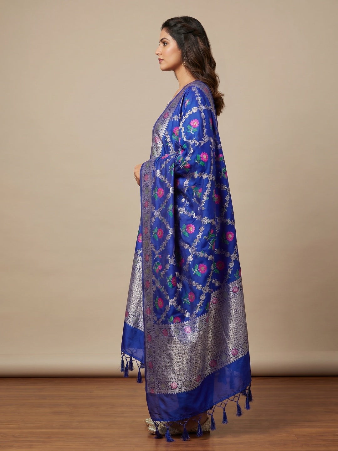Royal Blue Floral Woven Banarasi Silk Dress Material - Image 3