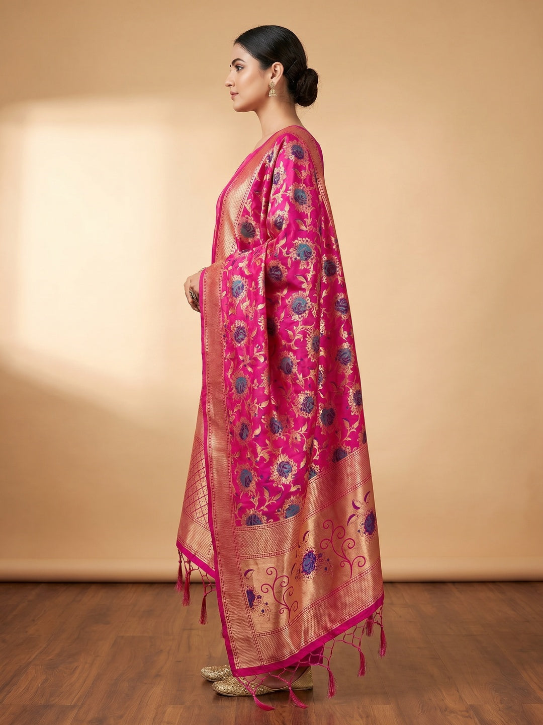 Rani Pink Floral Woven Banarasi Silk Dress Material - Image 3