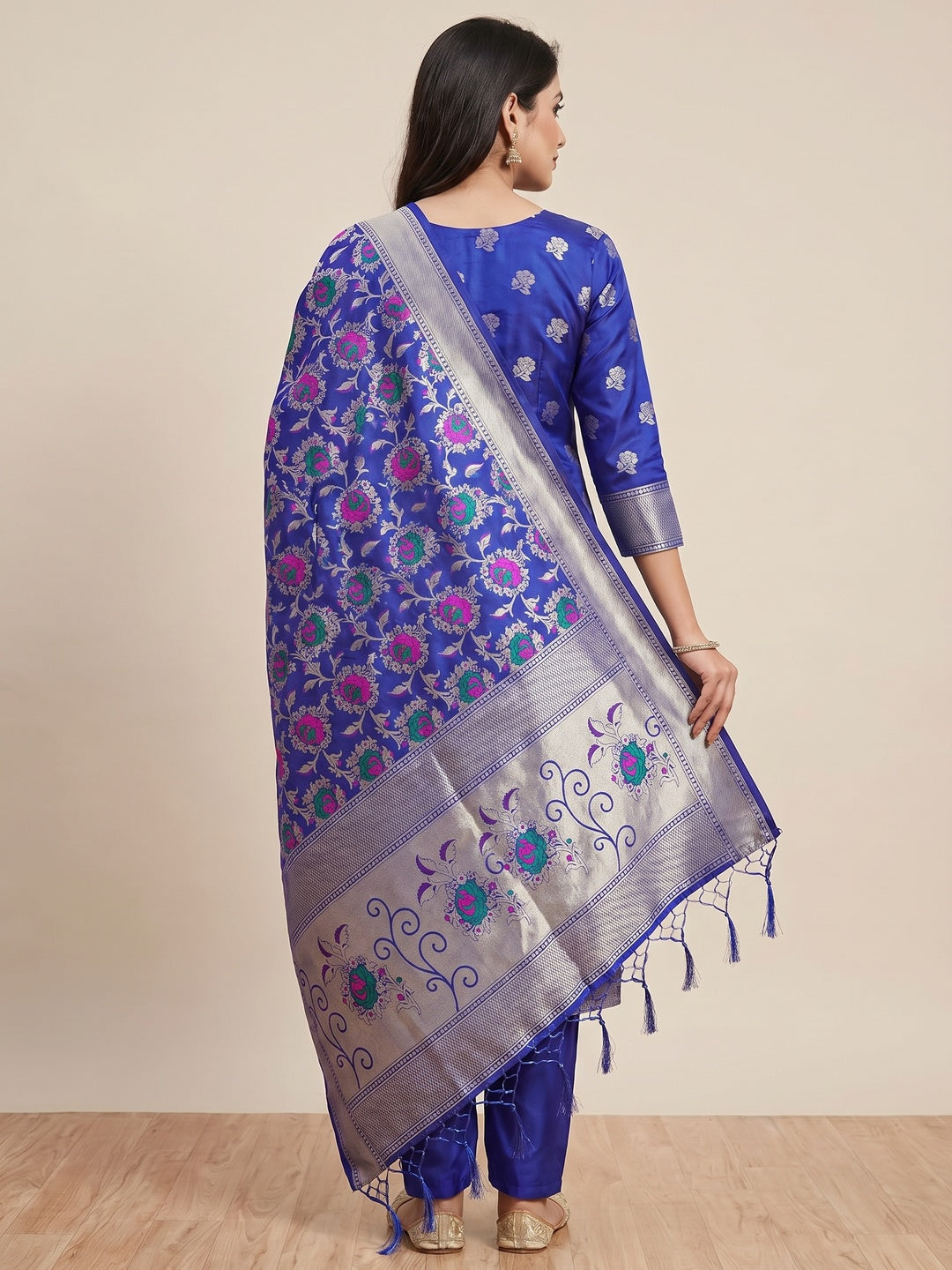 Royal Blue Floral Woven Banarasi Silk Dress Material - Image 2