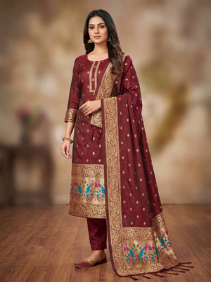 Maroon Floral Woven Banarasi Silk Dress Material - Image 1