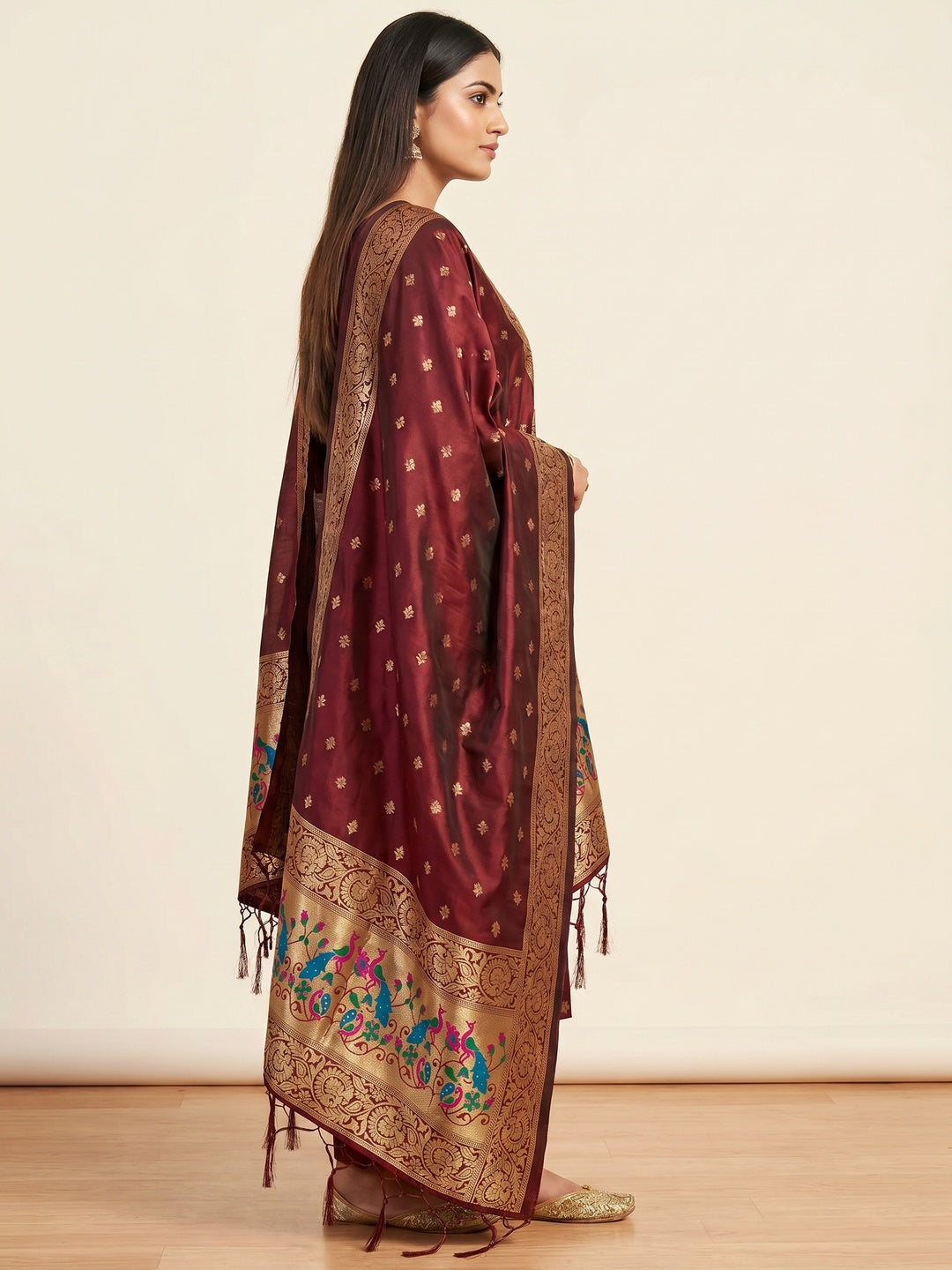 Maroon Floral Woven Banarasi Silk Dress Material - Image 3