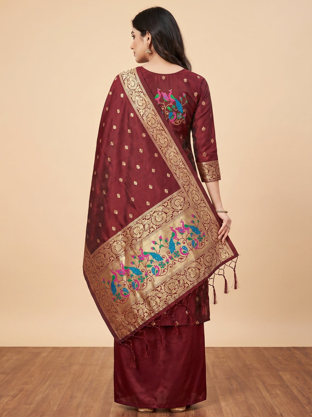 Maroon Floral Woven Banarasi Silk Dress Material - Image 2