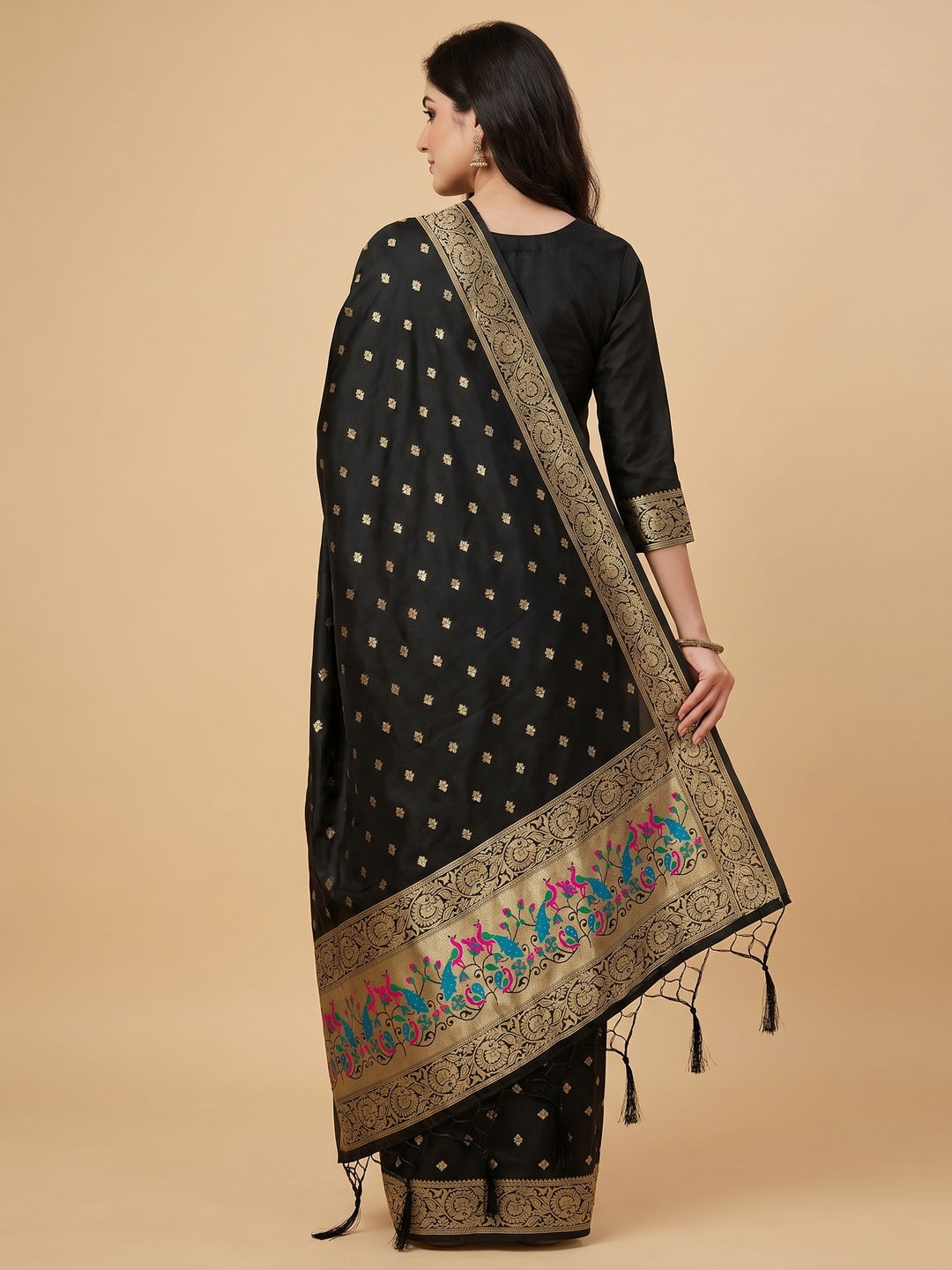 Black Floral Woven Banarasi Silk Dress Material - Image 3