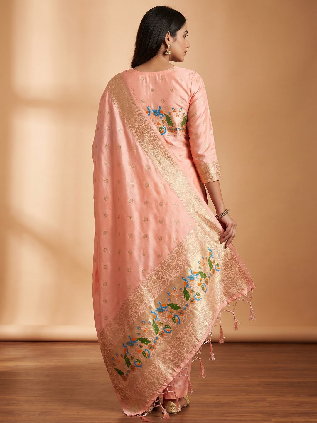 Peach Floral Woven Banarasi Silk Dress Material - Image 2