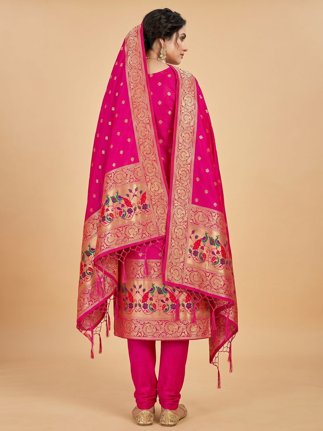 Rani Pink Floral Woven Banarasi Silk Dress Material - Image 3