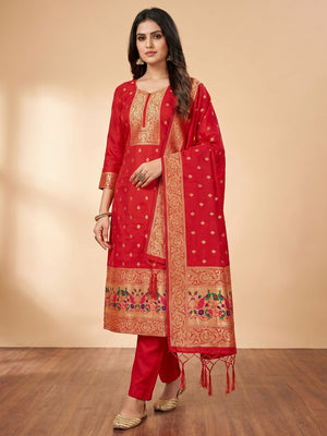 Red Floral Woven Banarasi Silk Dress Material - Image 1