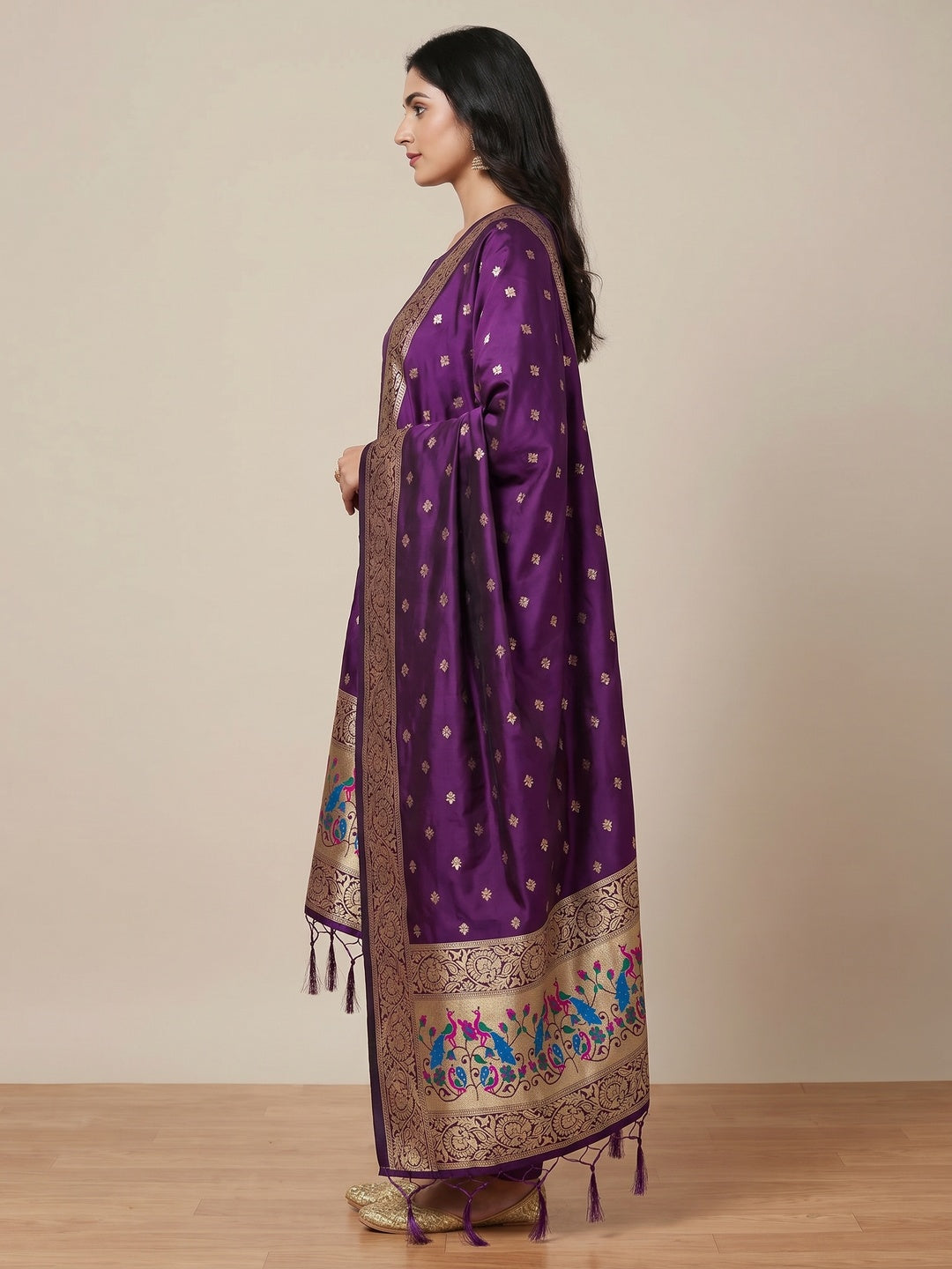 Purple Floral Woven Banarasi Silk Dress Material - Image 2