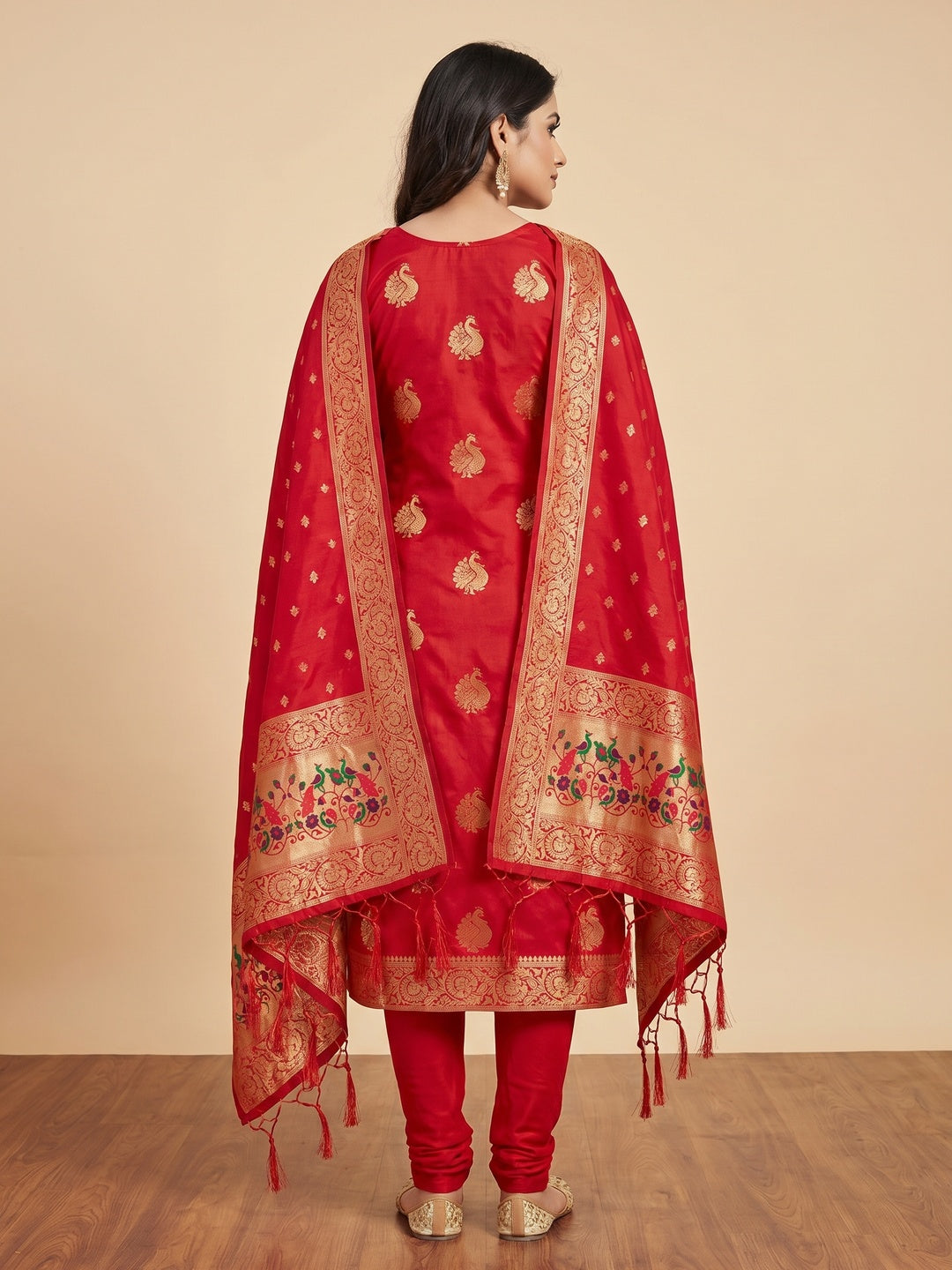 Red Floral Woven Banarasi Silk Dress Material - Image 3