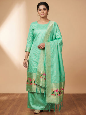 Sea Green Floral Woven Banarasi Silk Dress Material - Image 1
