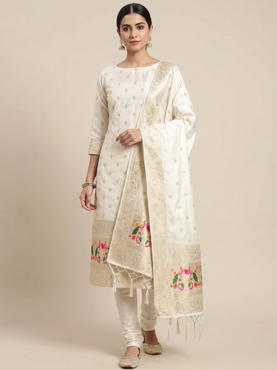 Off White Floral Woven Banarasi Silk Dress Material - Image 1