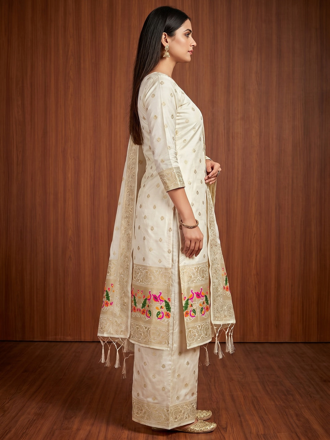 Off White Floral Woven Banarasi Silk Dress Material - Image 3
