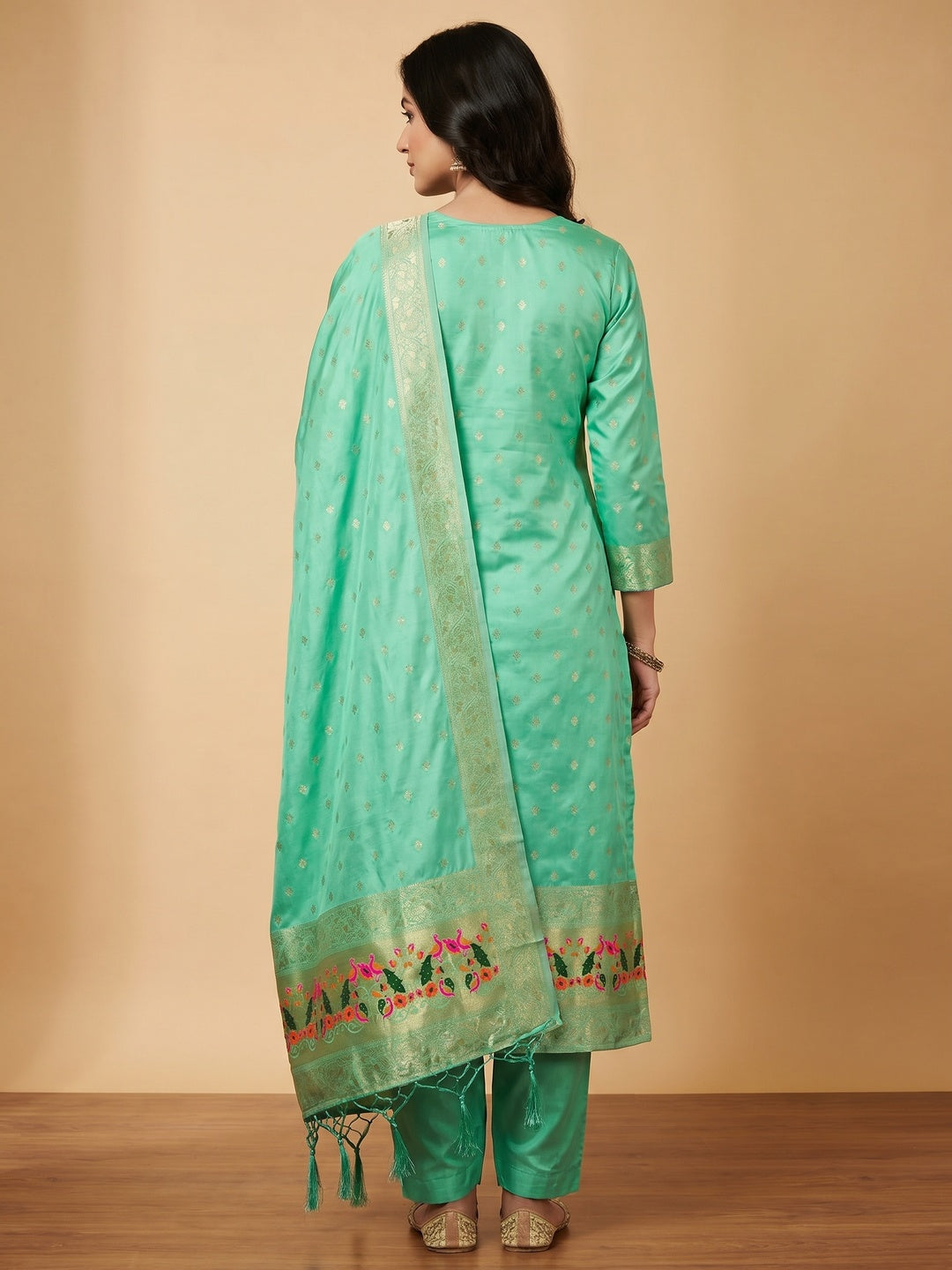 Sea Green Floral Woven Banarasi Silk Dress Material - Image 3