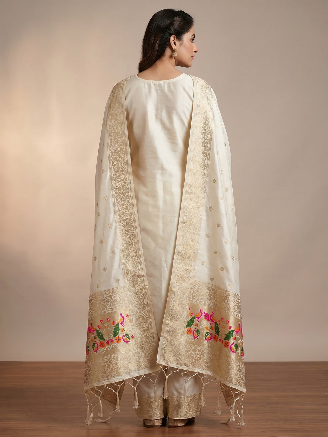 Off White Floral Woven Banarasi Silk Dress Material - Image 2
