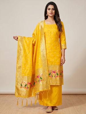 Yellow Floral Woven Banarasi Silk Dress Material - Image 1