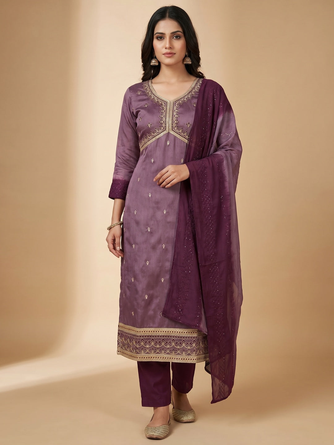 Purple Floral Embroidered Zoya Silk Dress Material - Image 1