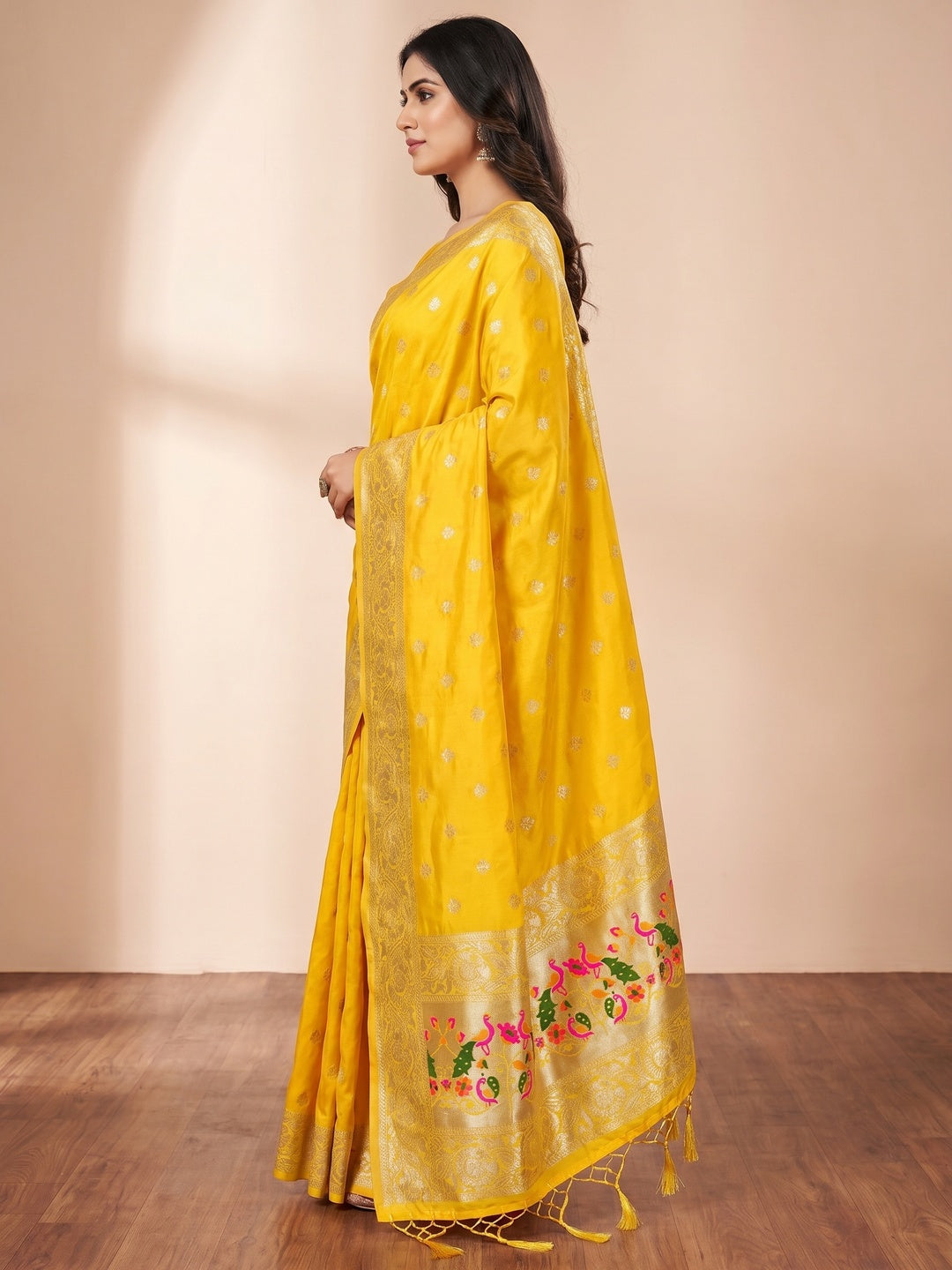Yellow Floral Woven Banarasi Silk Dress Material - Image 3