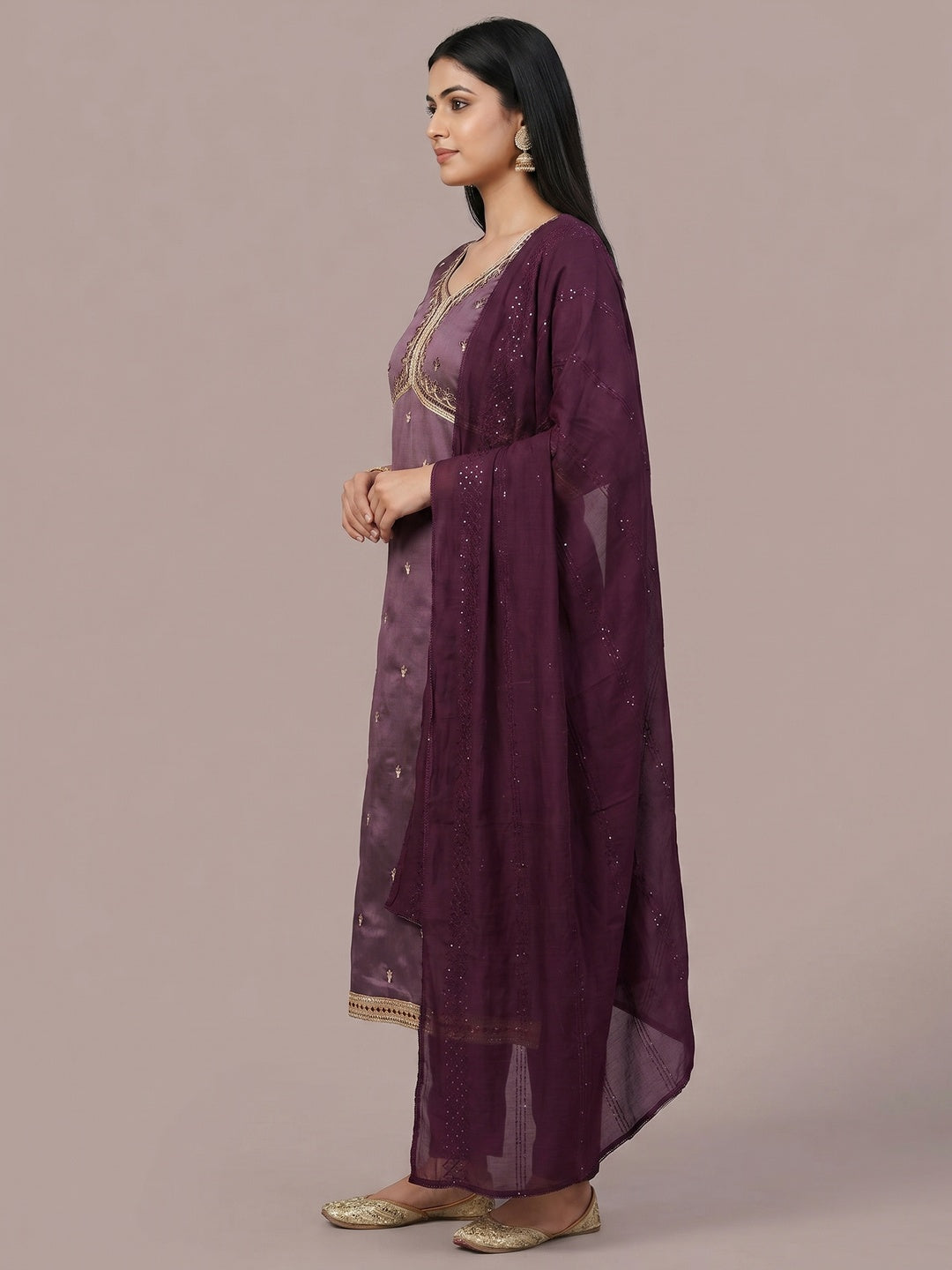Purple Floral Embroidered Zoya Silk Dress Material - Image 3