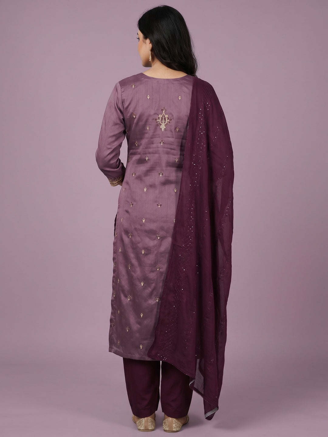 Purple Floral Embroidered Zoya Silk Dress Material - Image 2