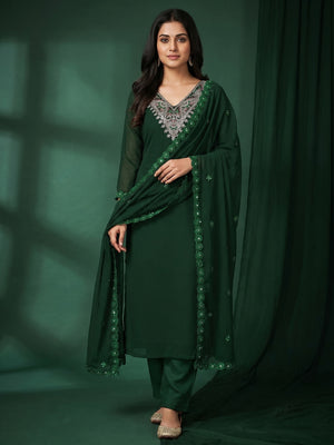 Green Sequins Embroidered Georgette Dress Material - Image 1