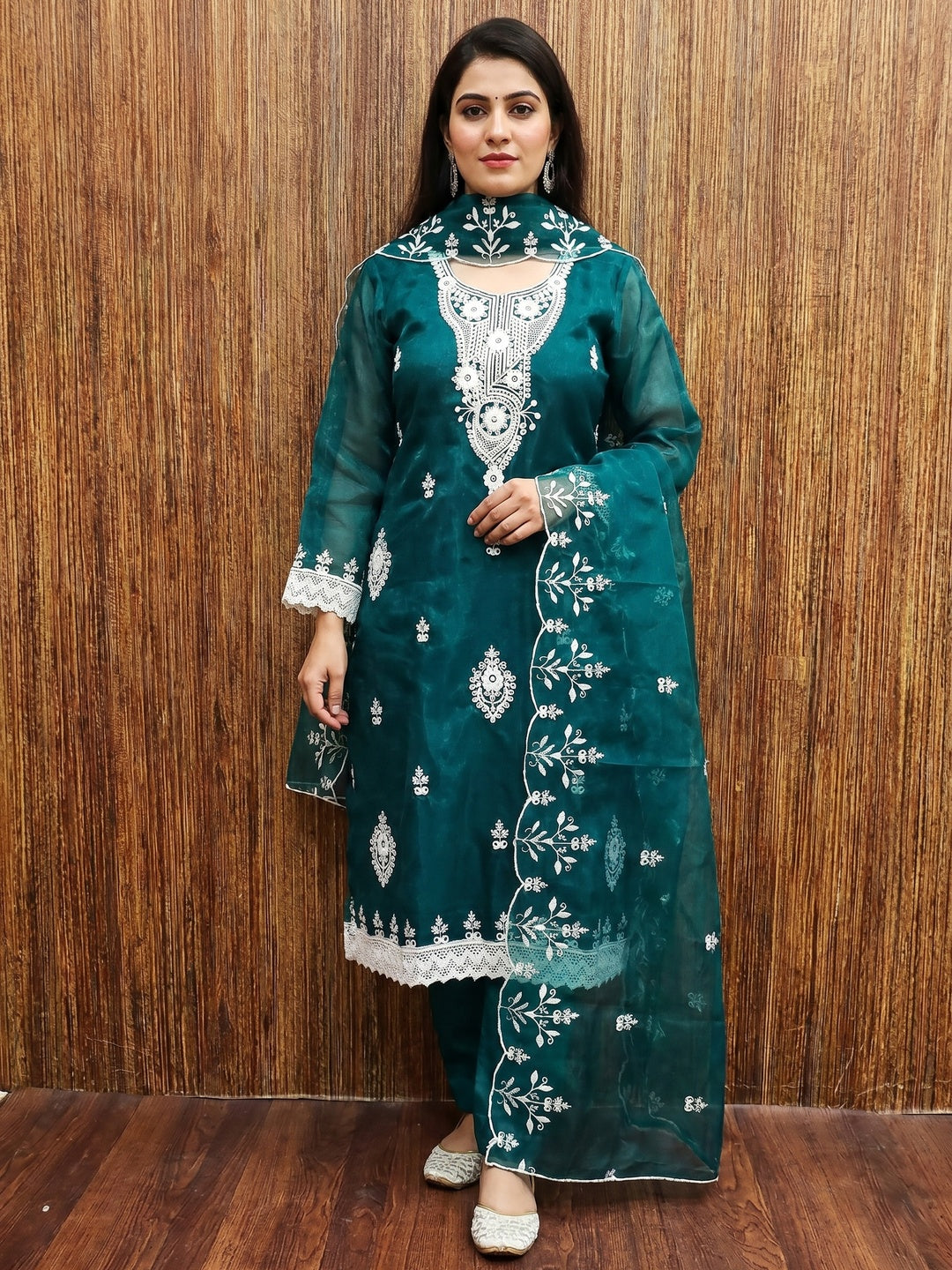 Teal Floral Embroidered Organza Dress Material - Image 1