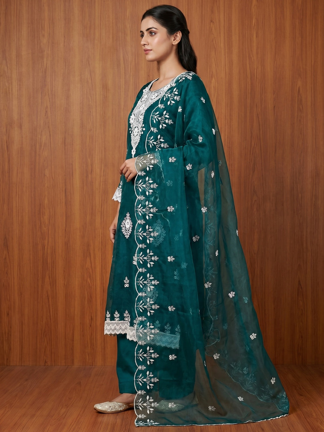 Teal Floral Embroidered Organza Dress Material - Image 2