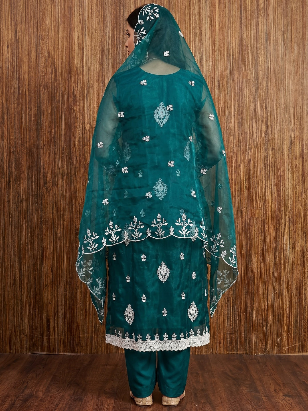 Teal Floral Embroidered Organza Dress Material - Image 3