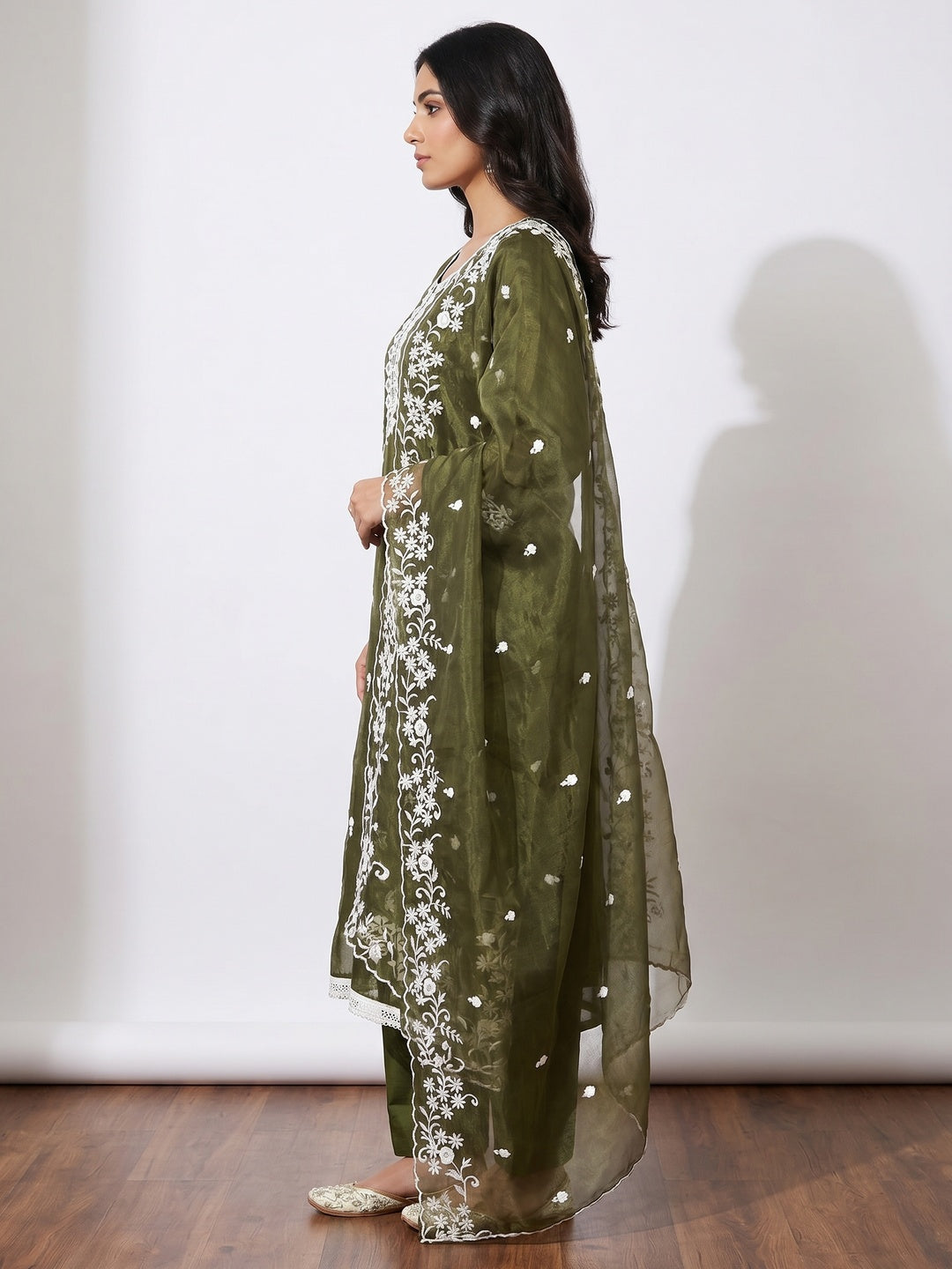 Mehendi Green Floral Embroidered Organza Dress Material - Image 2