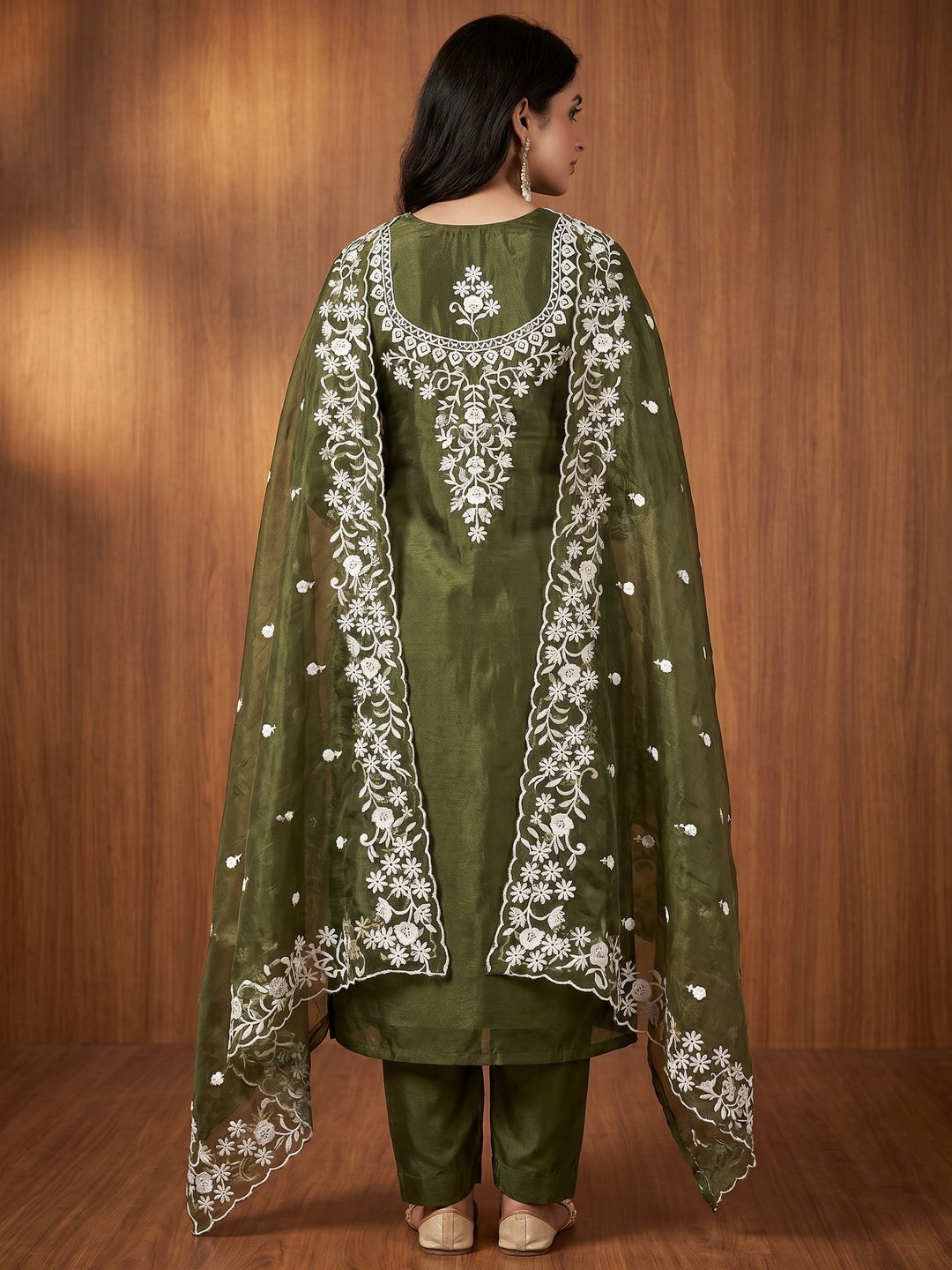 Mehendi Green Floral Embroidered Organza Dress Material - Image 3