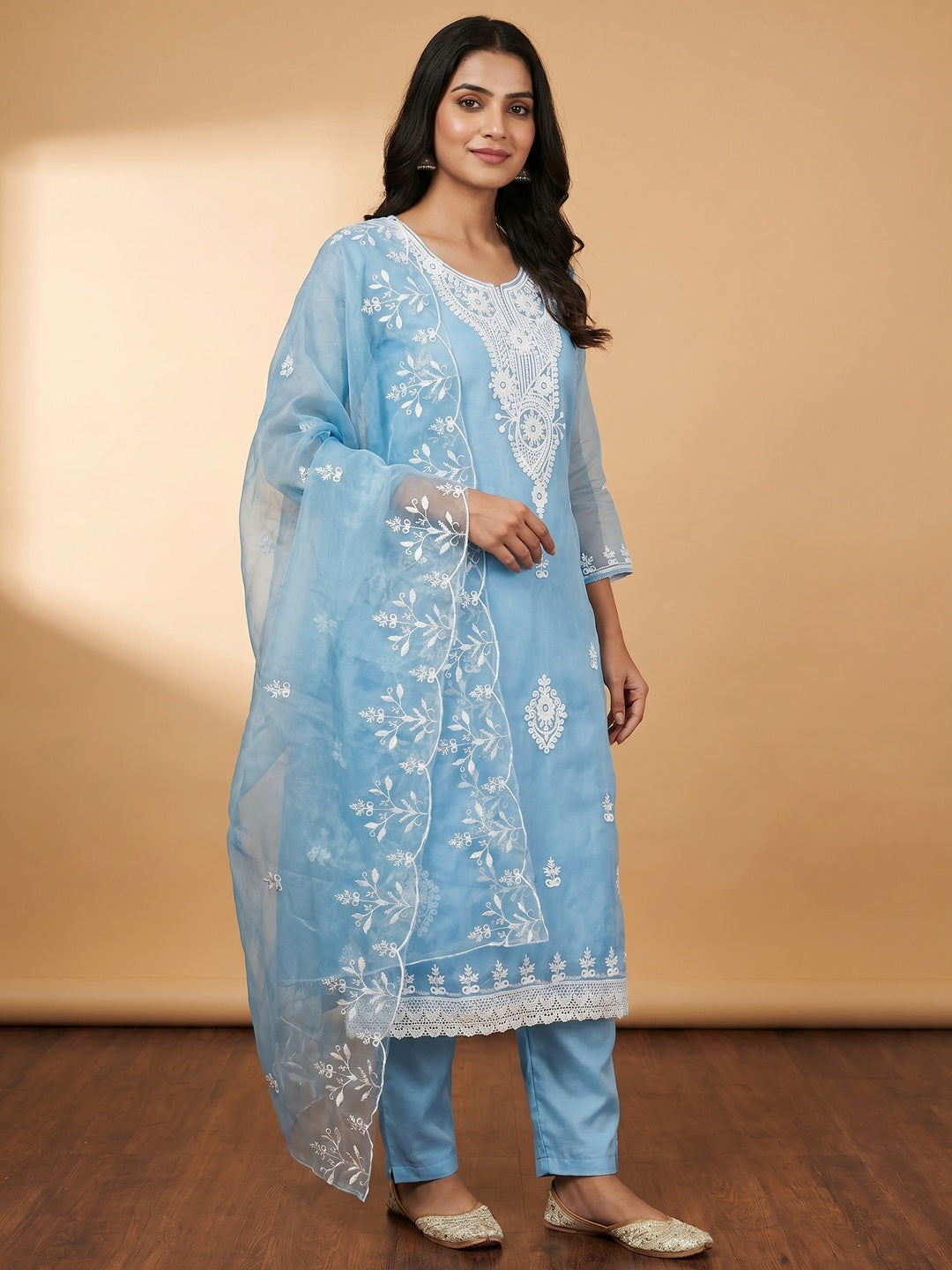 Blue Floral Embroidered Organza Dress Material - Image 1